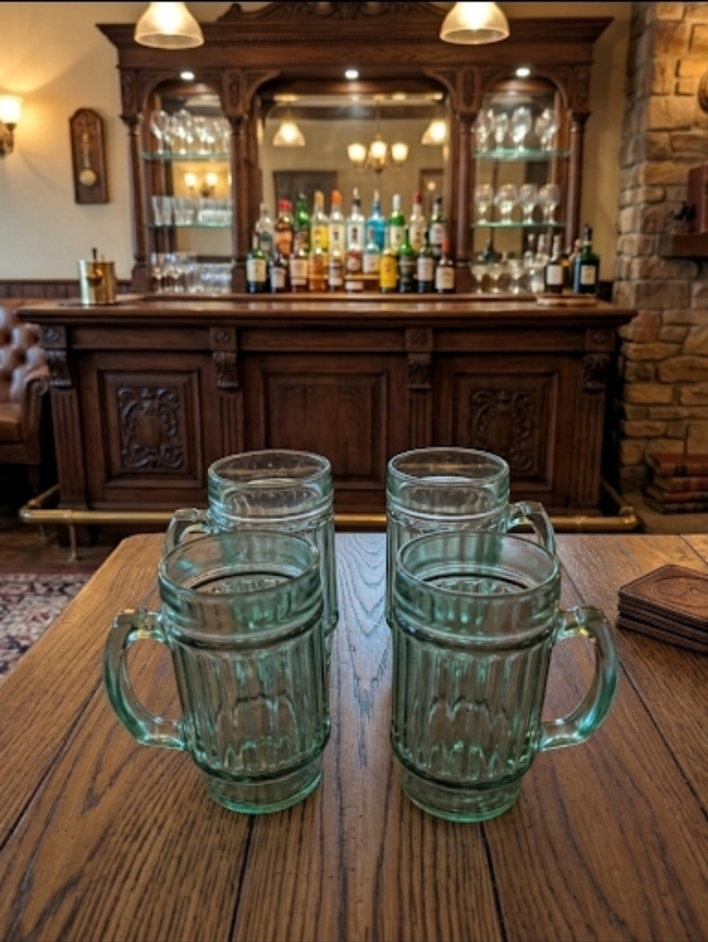 Vintage Emerald Green Fluted Beer Mugs - Set of 4